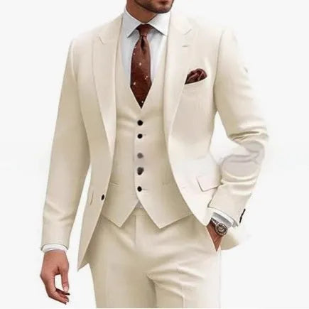 Men's slim fit three-piece suit in a choice of nine colours, shown on a hanger.