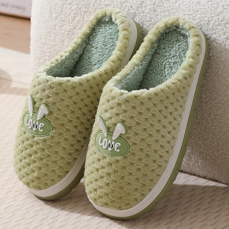 Women's plaid rabbit design artificial fur house slippers with thick rubber soles