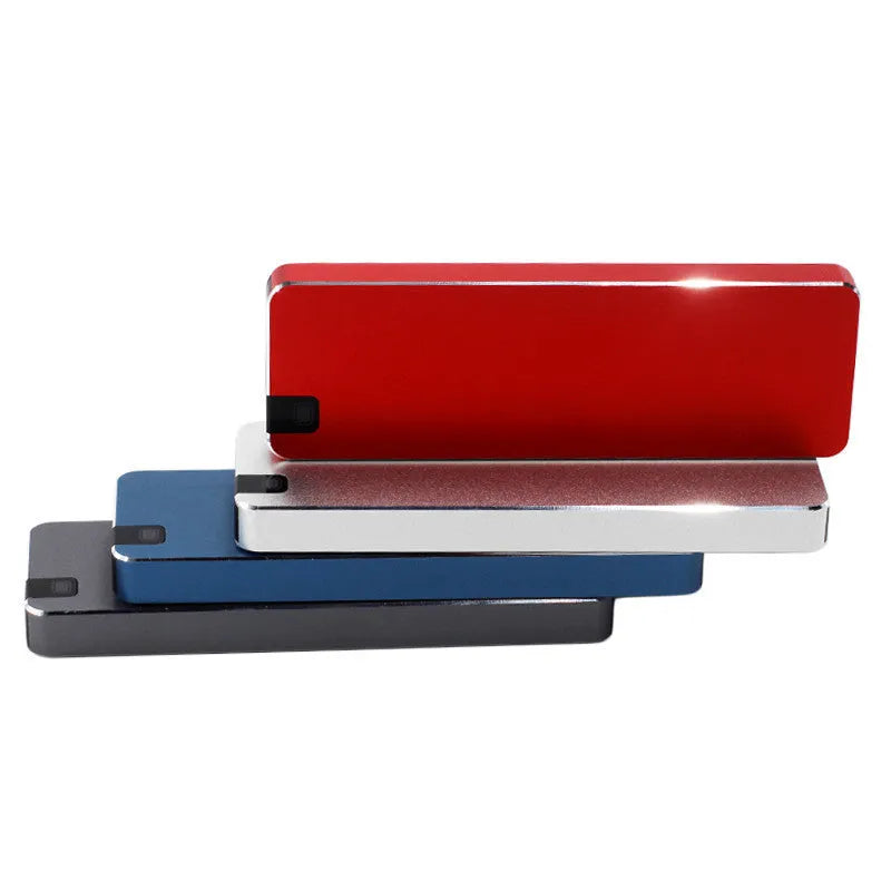 Portable solid state hard drive with metal casing in multiple colour options including black grey, blue, red, silver, and white