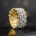 Geometric round two-tone gold zircon ring on copper base with electroplated finish