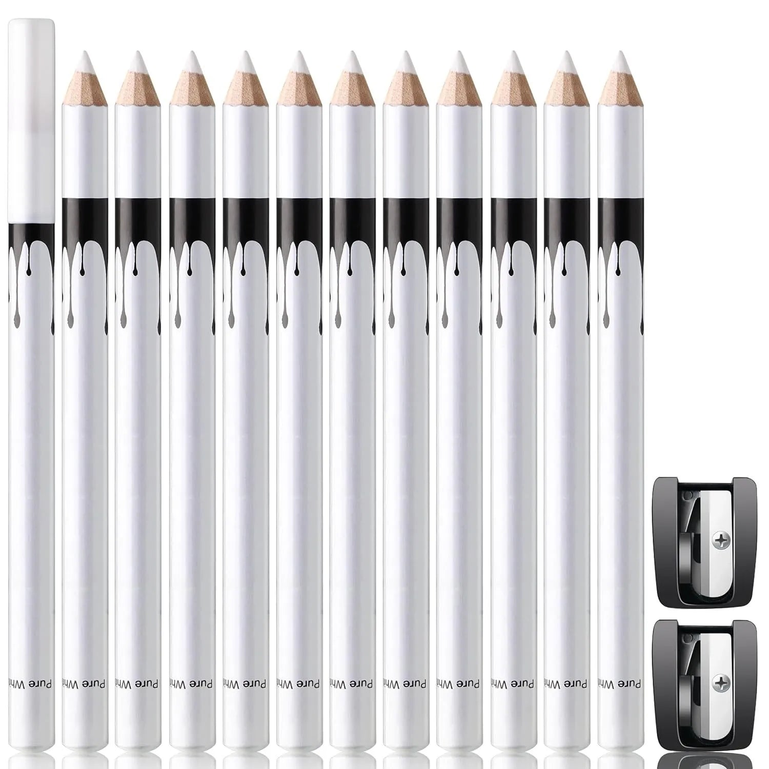 12 white and black retractable eyeliner pencils with a sharpener for waterproof makeup application.