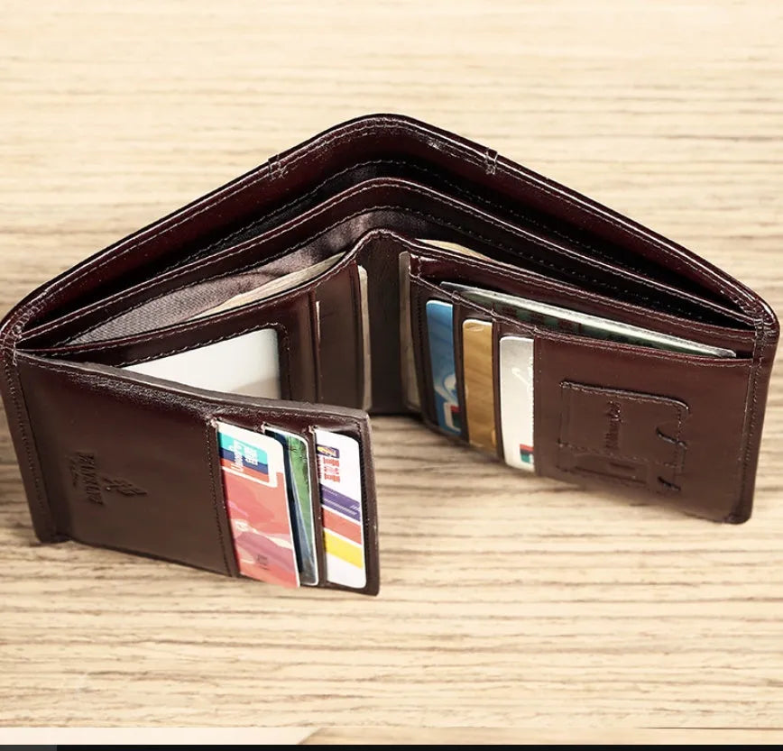 Men's leather wallet showing internal compartments including card slots, hidden pocket and photo position