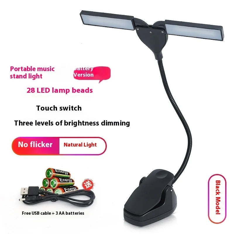 Rechargeable music stand light with 28 LED lights clipped to metal music stand
