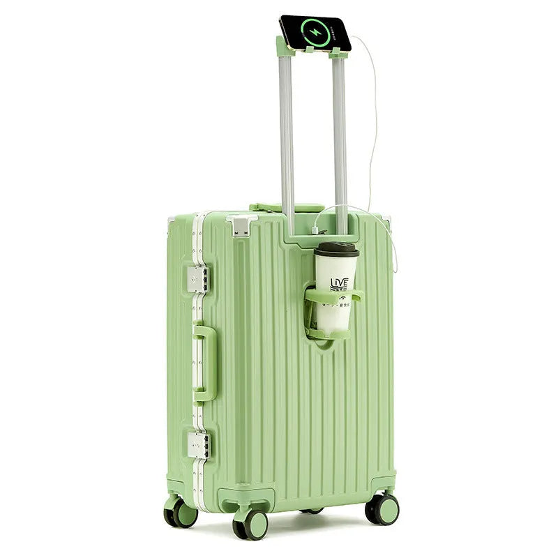 Aluminium frame ABS PC suitcase in avocado green colour with USB port and universal wheels.