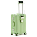 Aluminium frame ABS PC suitcase in avocado green colour with USB port and universal wheels.
