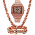 Roman numeral graduation quartz watch set with square dial, diamond studs, black mesh band, bracelet, and necklace