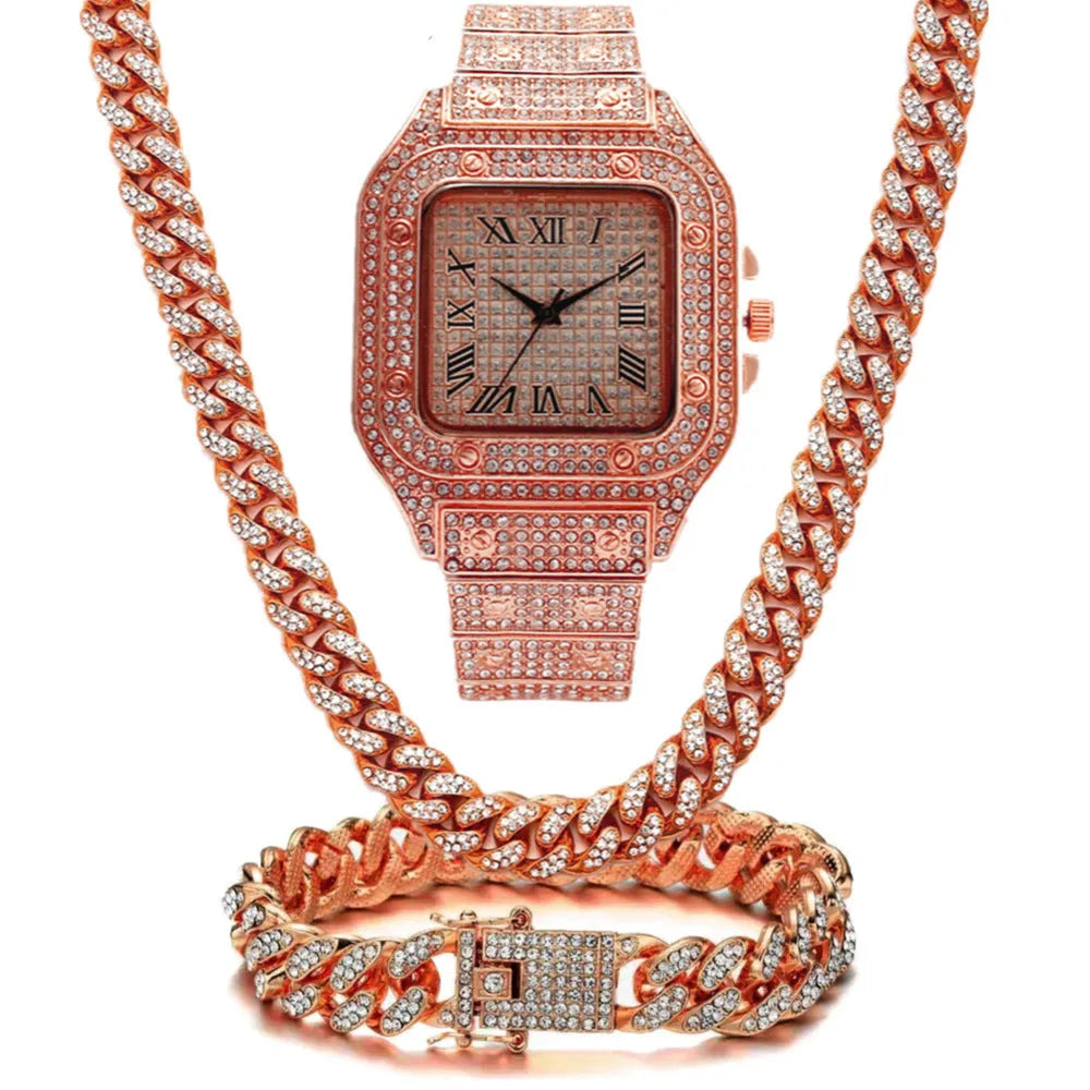 Roman numeral graduation quartz watch set with square dial, diamond studs, black mesh band, bracelet, and necklace