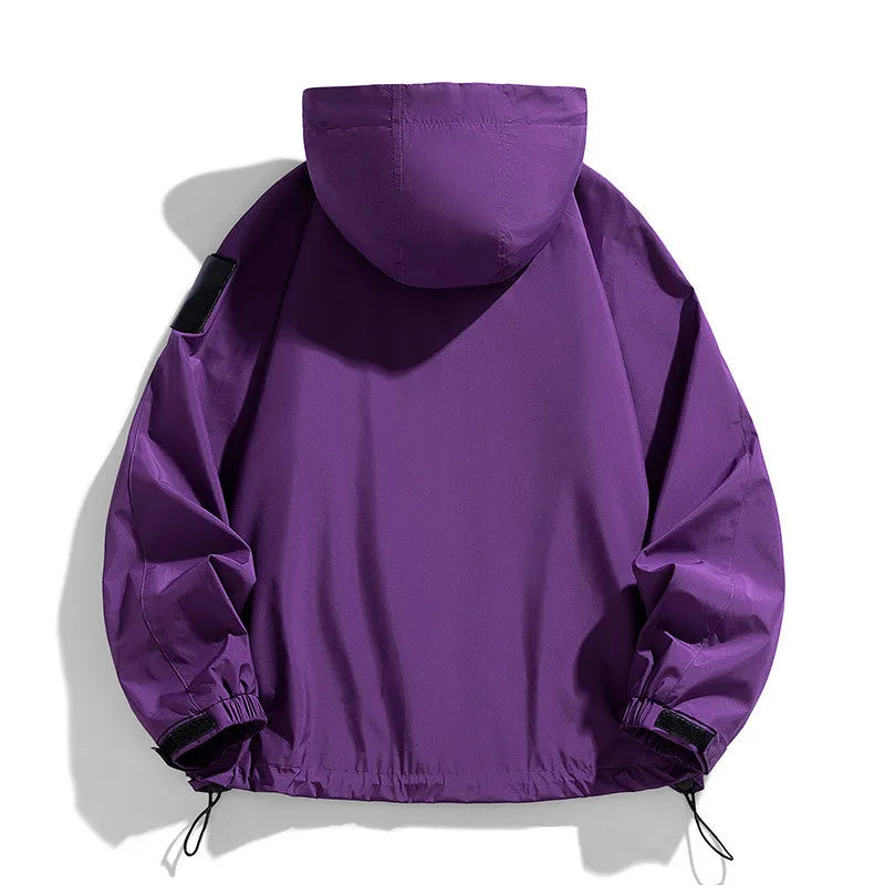 Men's black windproof waterproof hooded jacket, regular length with long sleeves, shown on a model.