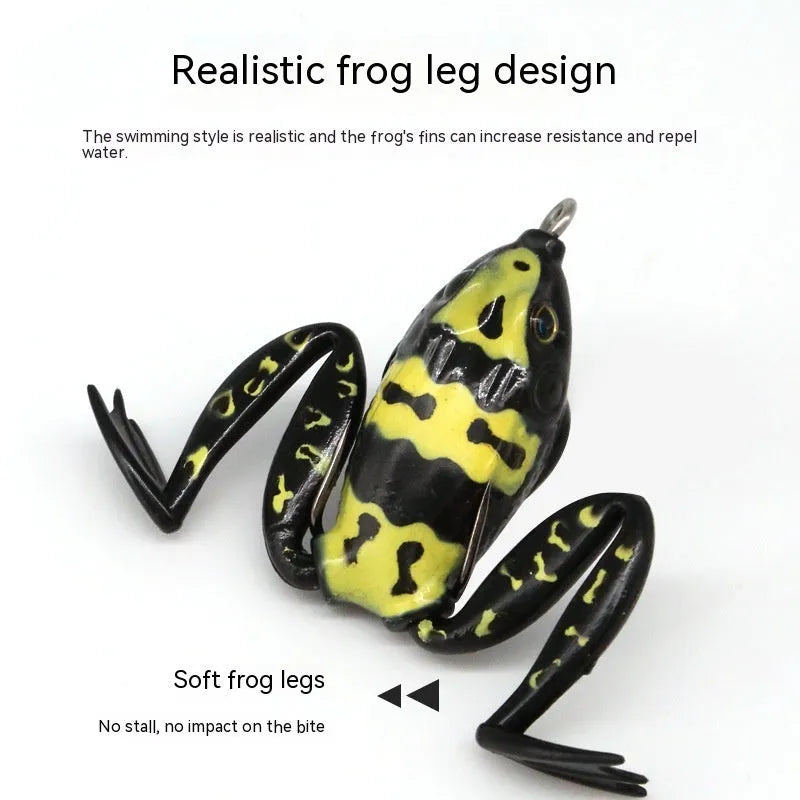 Bionic Real Thunder Frog Snake Head fishing lure with double hooks in grass green and black yellow dots colours