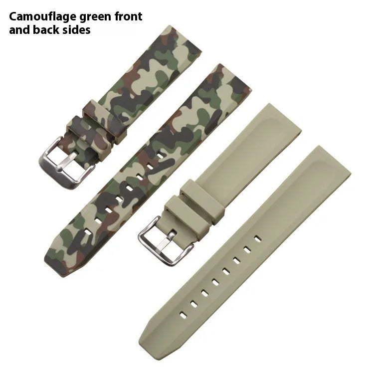 Camouflage silicone watch strap in green, blue and grey patterns for 20mm, 22mm and 24mm watch lugs
