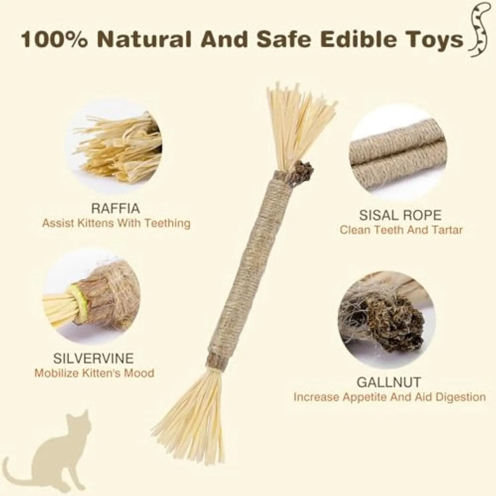 A 3 pack of natural silvervine chew sticks for cats on a wooden surface, showing thick and fine diameter options.