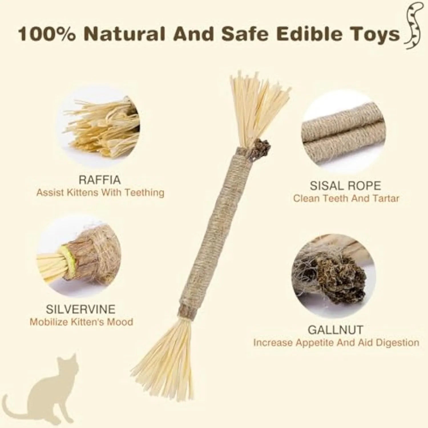 A 3 pack of natural silvervine chew sticks for cats on a wooden surface, showing thick and fine diameter options.