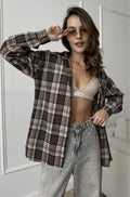 Dark brown retro striped women's long sleeve cotton shirt with collage stitching detail