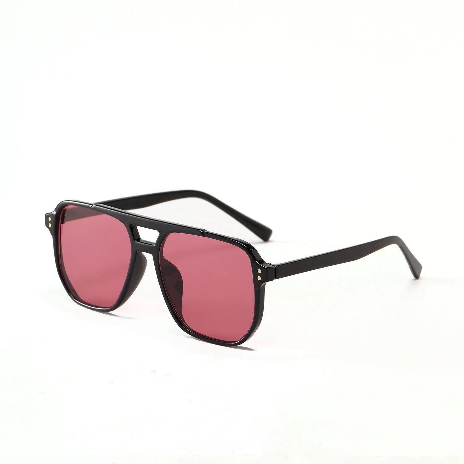 Square double beam fashion sunglasses for women in black frame with pink lens, showing UV400 protection.