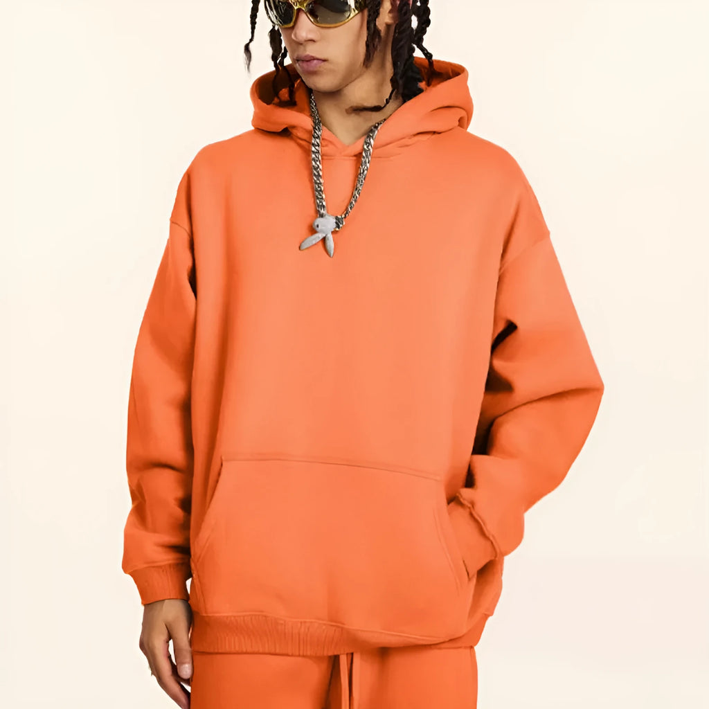 Men's loose fit terry cotton hooded sweater in multiple colours on a size chart background.