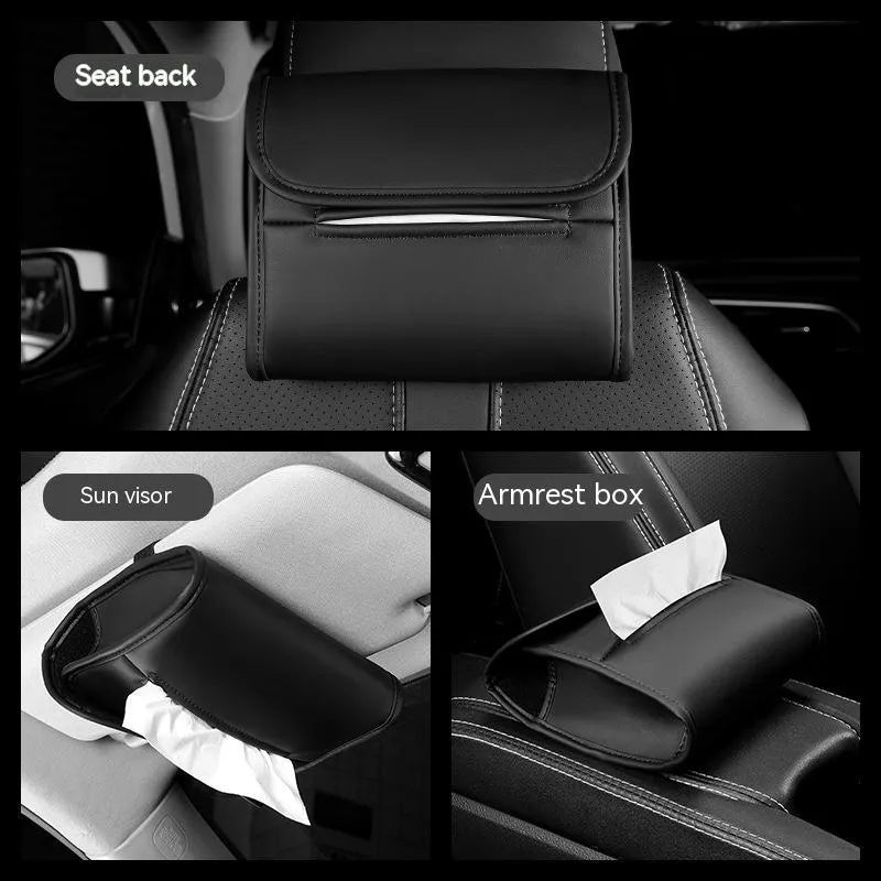 Leather car tissue box holder mounted on vehicle sun visor with elastic band