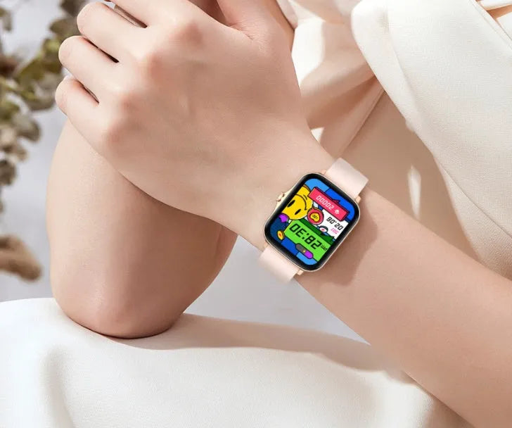 Black smart watch with 1.7-inch colour touchscreen on an adjustable strap.