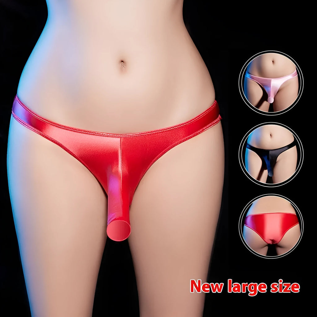 Men's low waist T-back underwear in shiny nylon fabric showing colour options
