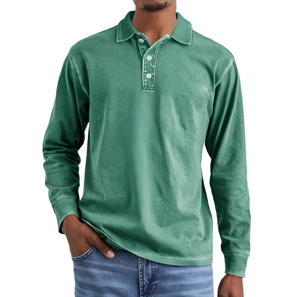 Men's retro washed distressed cotton lapel long sleeve polo shirt shown in army green.