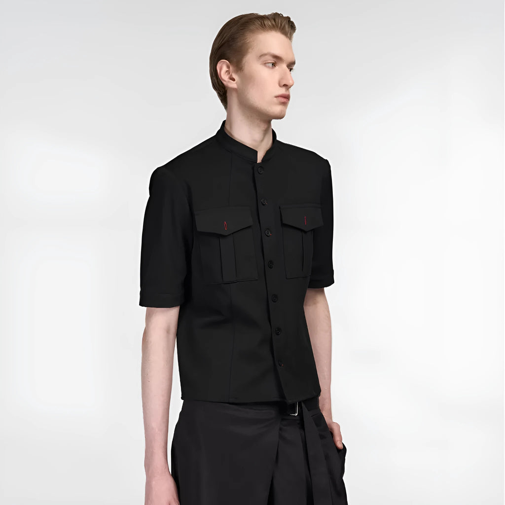 Black handmade hunting shirt with half sleeves and shirt collar, loose fit design for outdoor activities