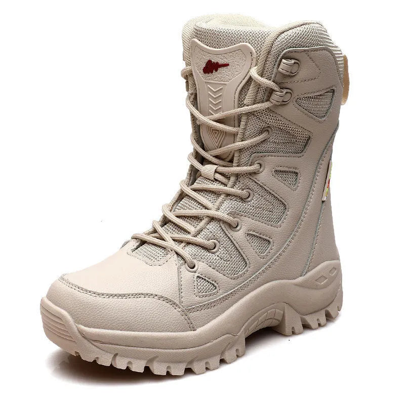 Men's beige hi-top hiking sneakers with a platform sole made from cowhide leather.