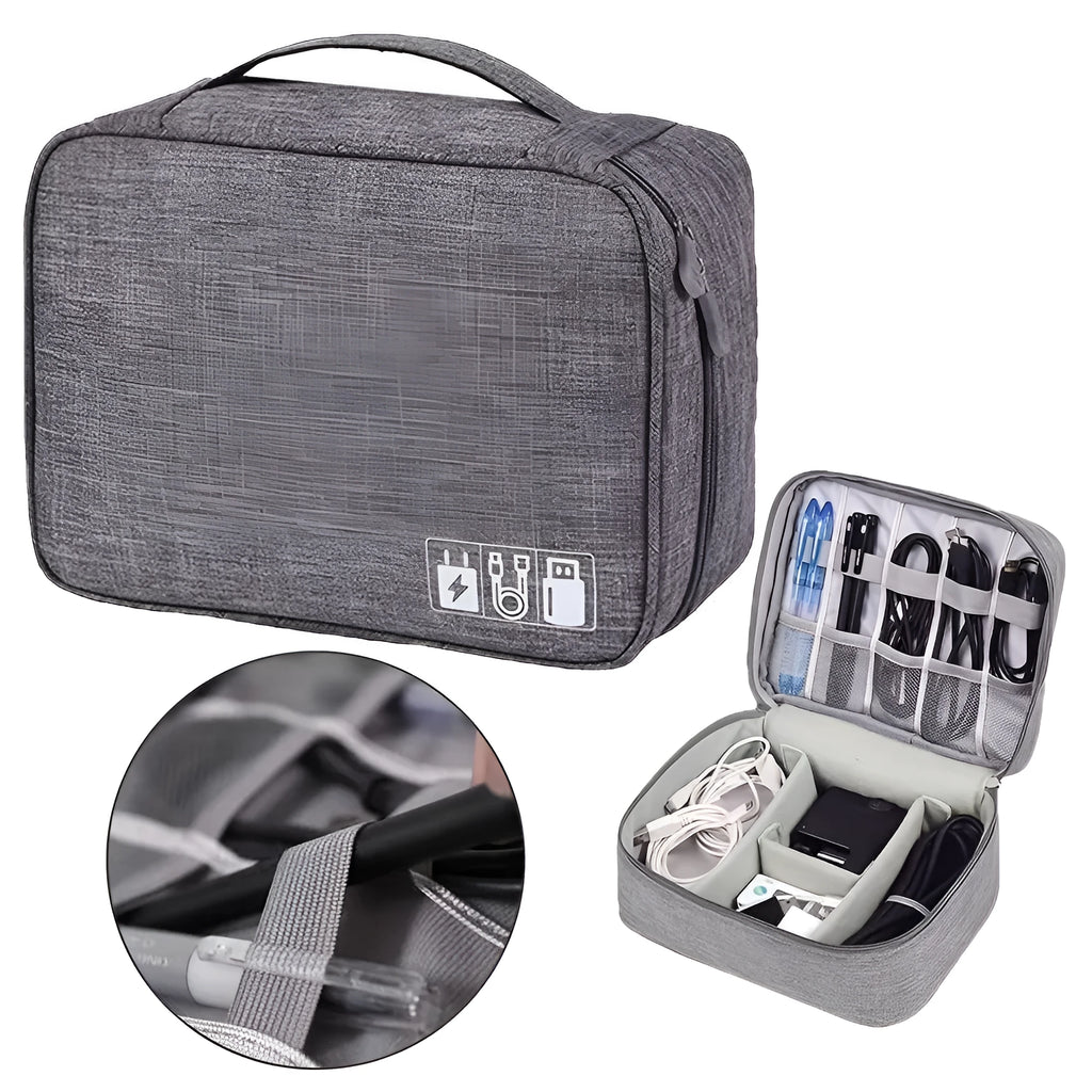 Black waterproof electronics organiser bag open, showing mesh pockets, elastic loops and removable dividers.