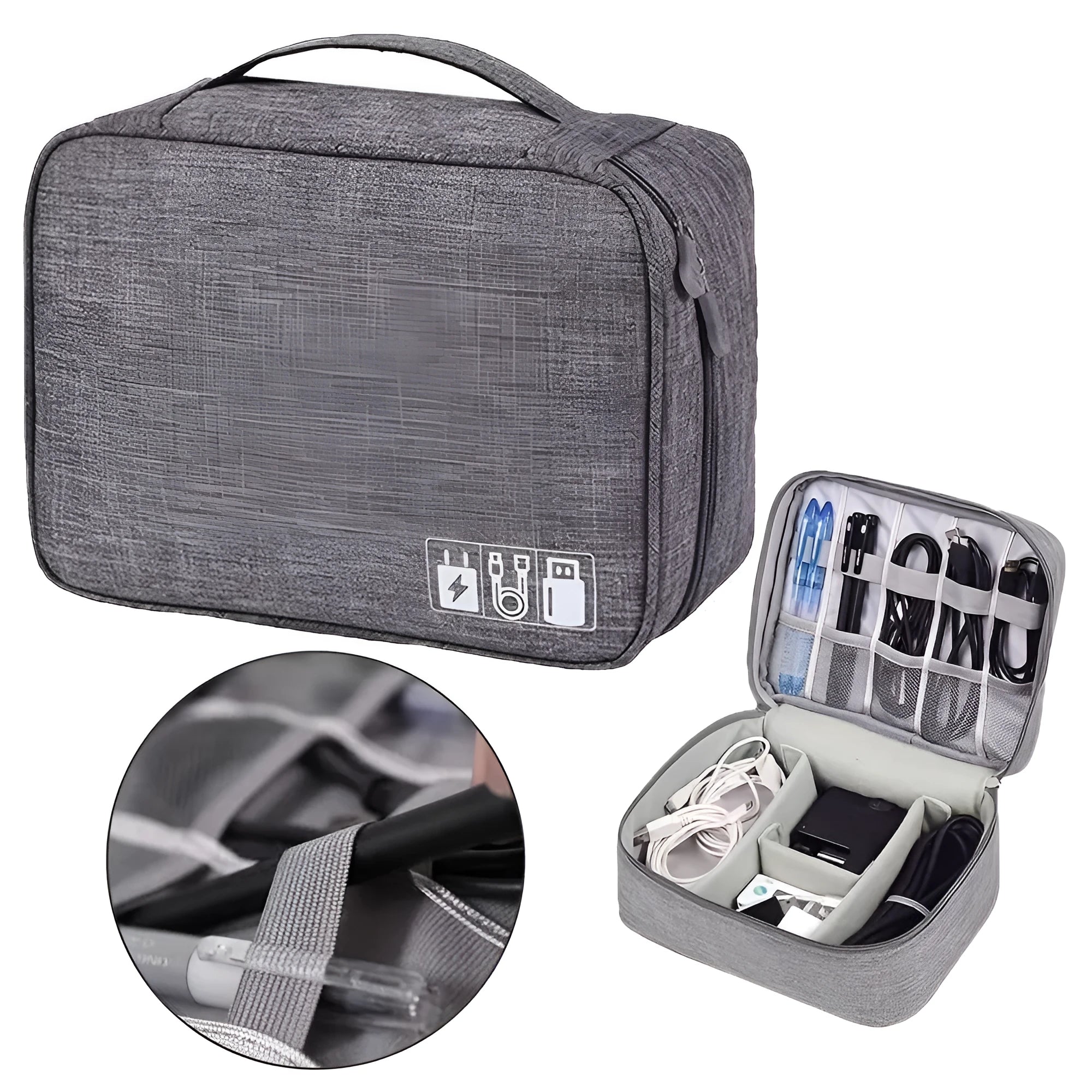 Black waterproof electronics organiser bag open, showing mesh pockets, elastic loops and removable dividers.