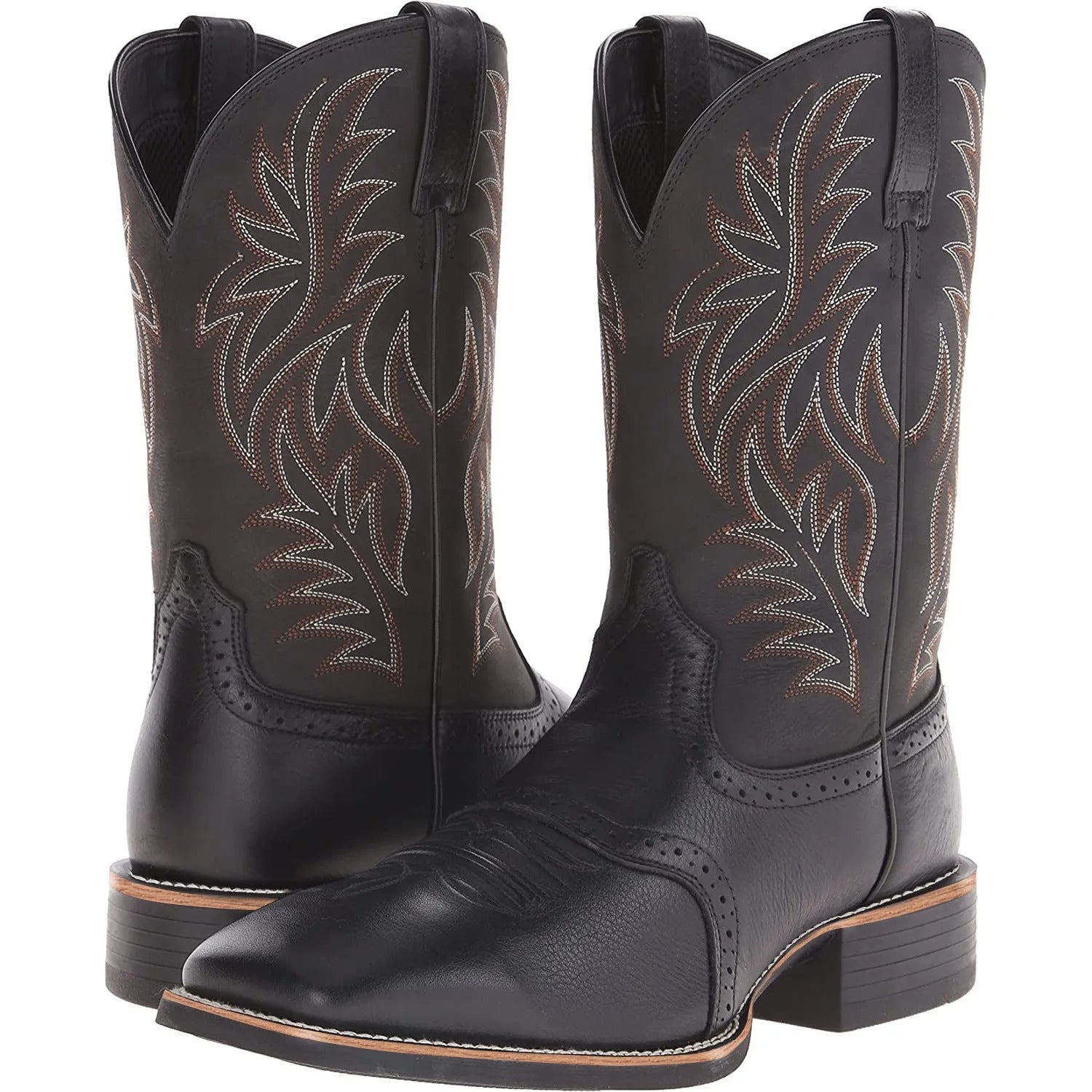 Men's black embroidered western cowboy boots with square toe and decorative stitching