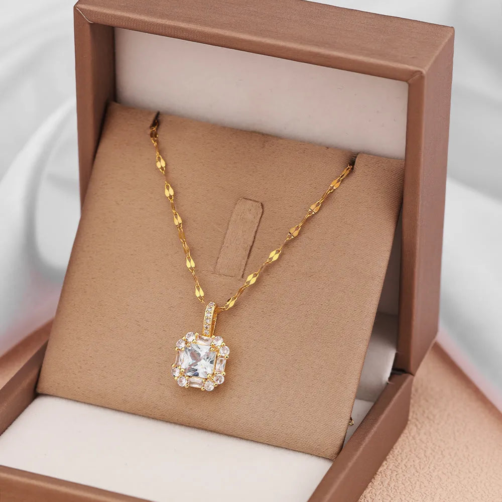 Women's titanium steel geometric necklace with quadrilateral gem-inlaid pendant on water wave chain