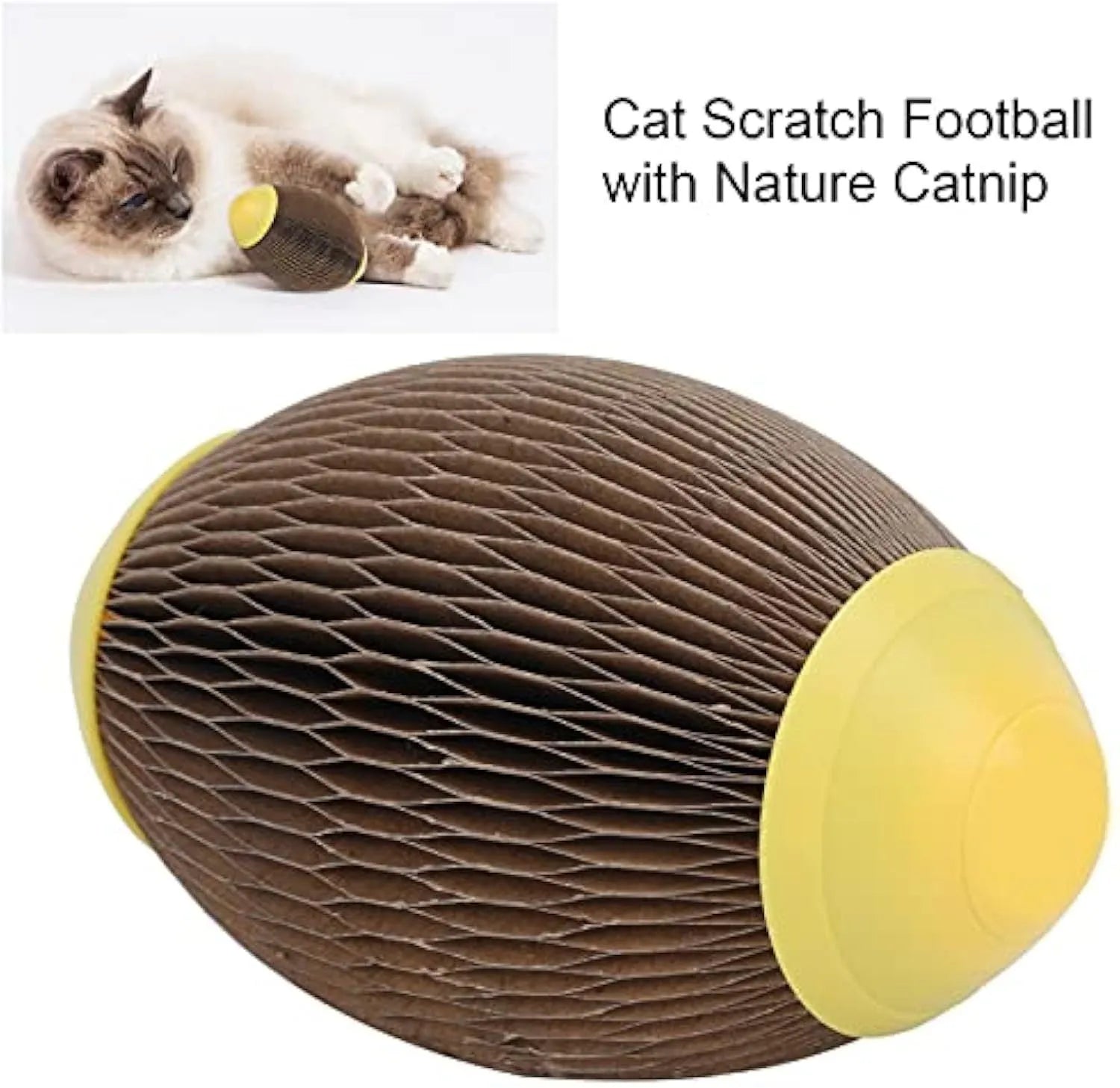Elliptical catnip ball toy made from brown recycled corrugated paper for scratching and play.