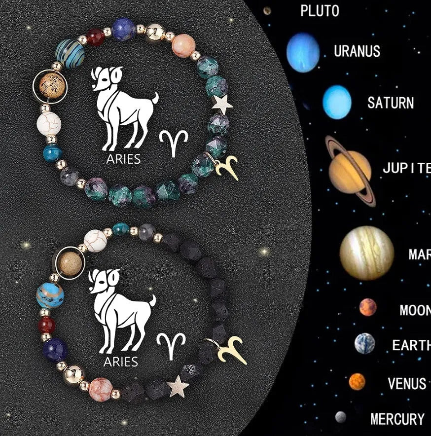 Set of twelve natural stone beaded bracelets with zodiac sign charm pendants on a white background.