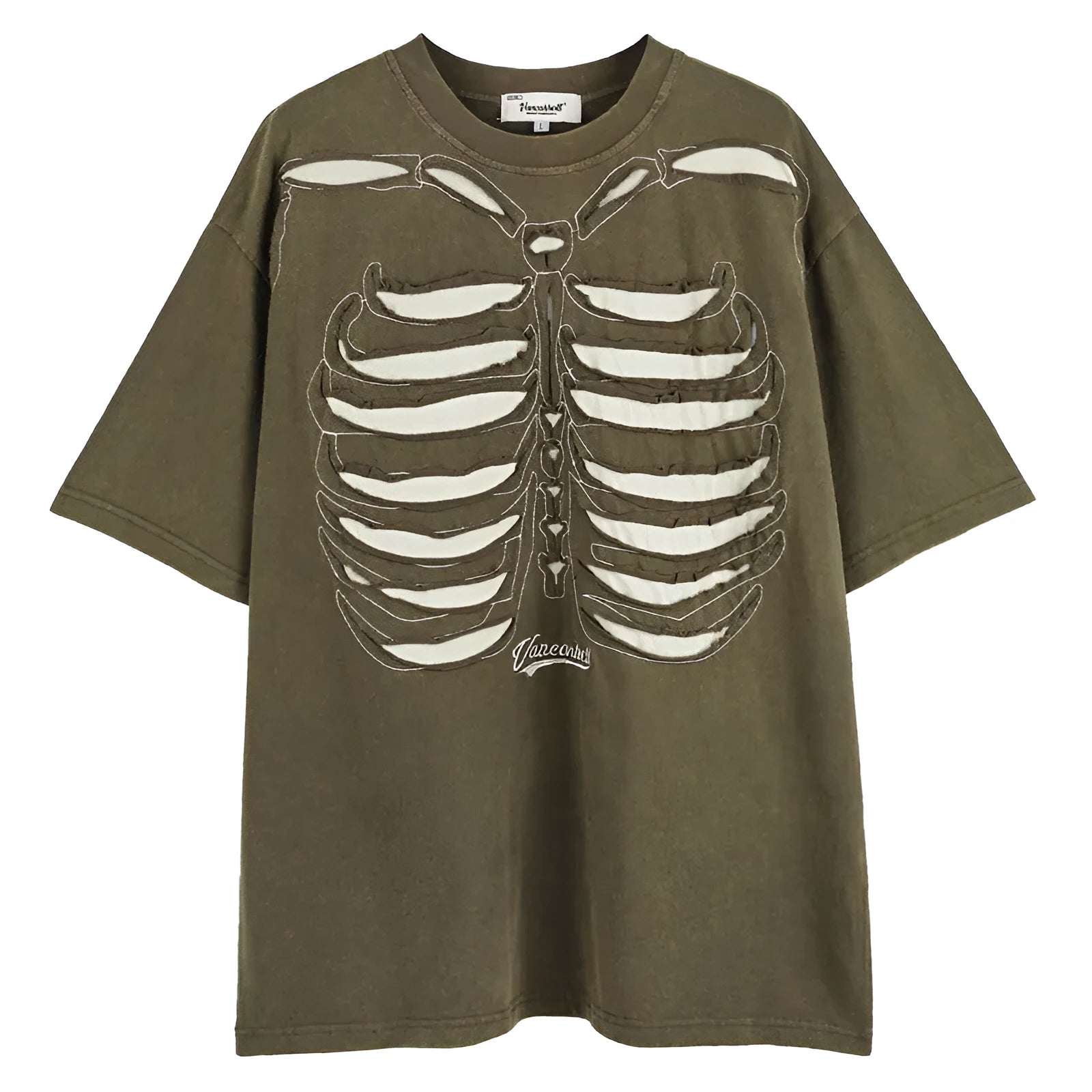 Black loose fit t-shirt with skull and letter print featuring drop-shoulder sleeves.