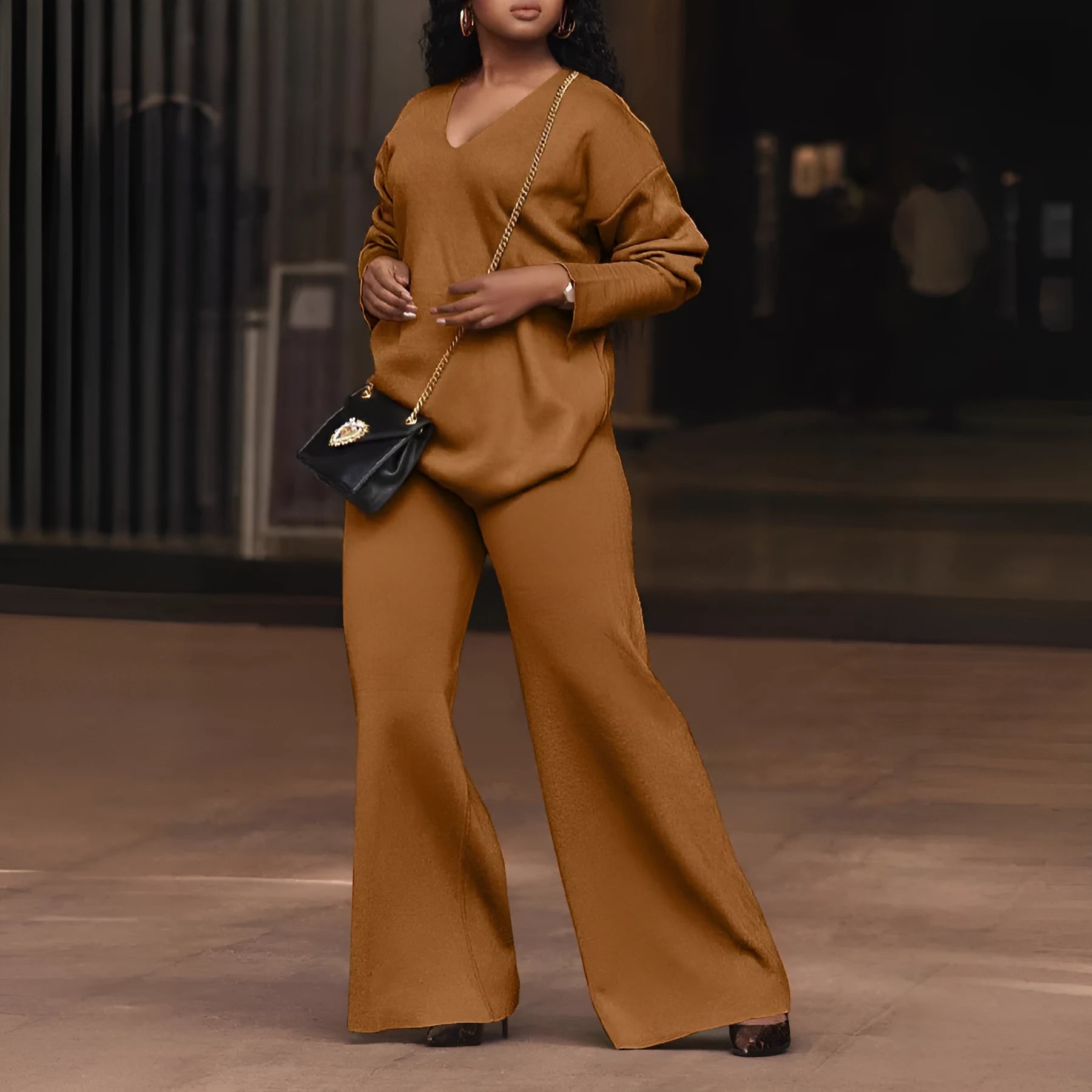 Women's brown thickened suede two-piece suit with long sleeves and trousers in Japanese Korean casual style