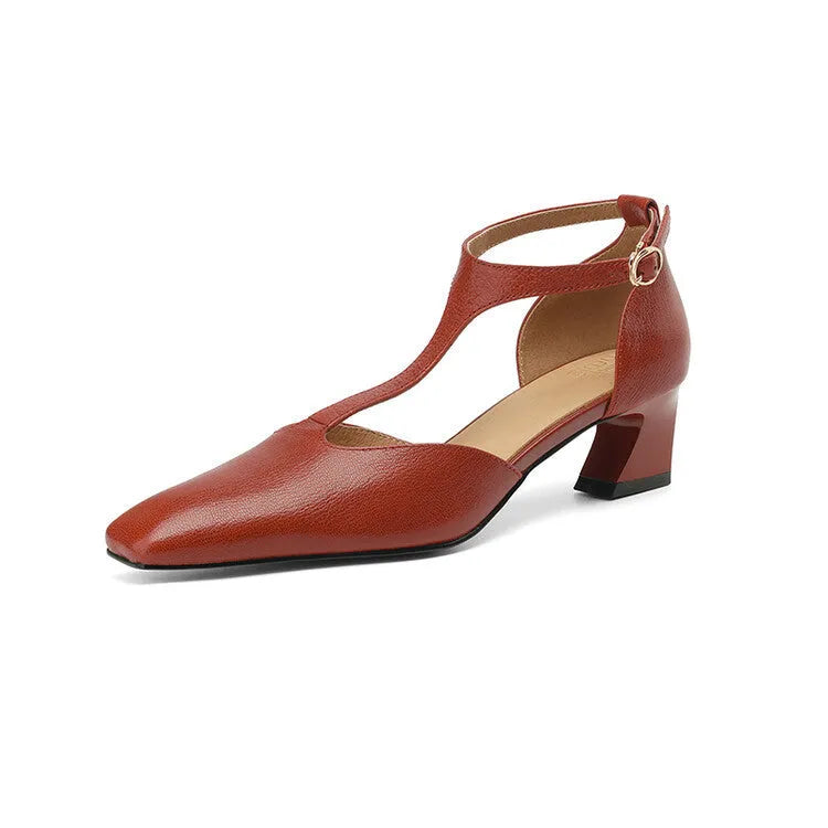 Women's wine red French retro square toe chunky heel buckle shoes made of sheepskin leather