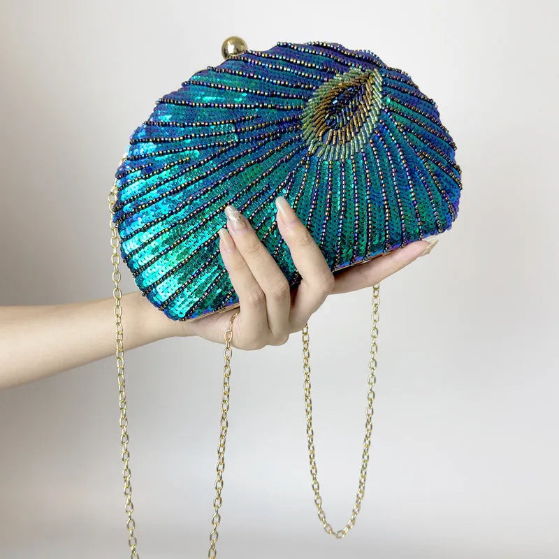 Women's vintage beaded one-shoulder crossbody chain handbag in blue with silk surface and hard structure