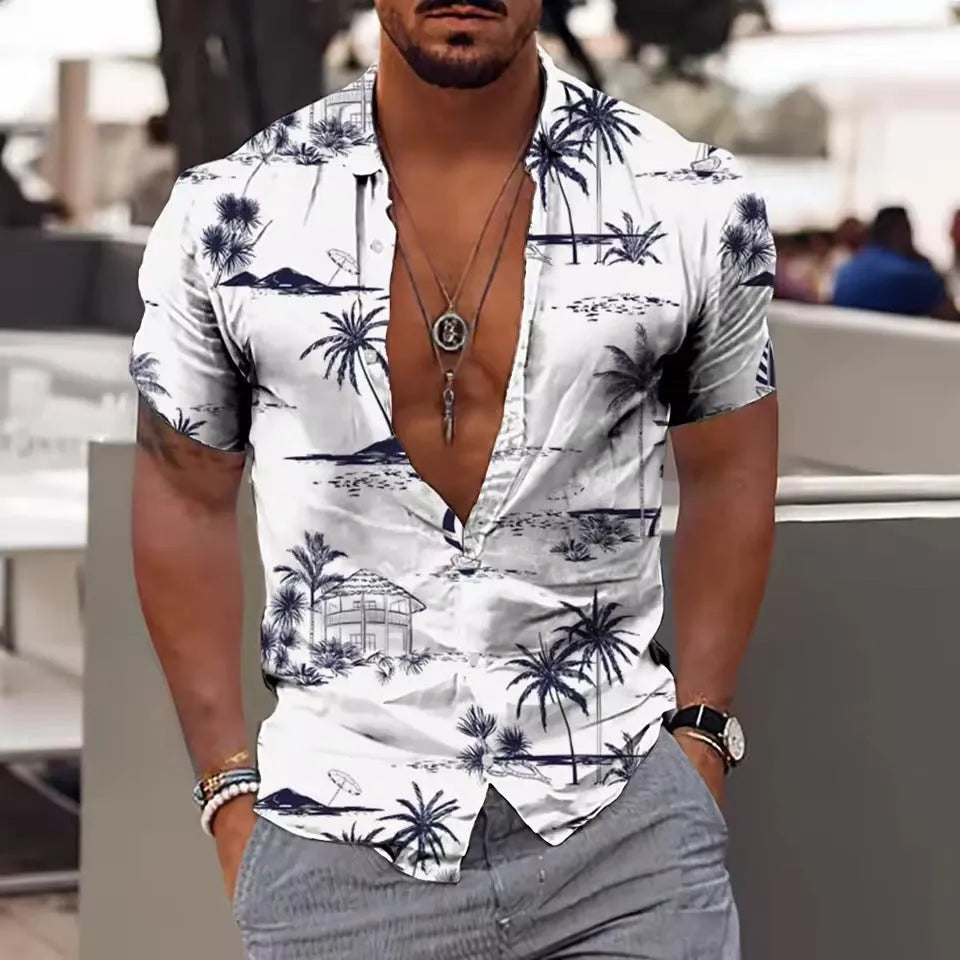 Men's loose floral beach shirt with short sleeves in polyester fabric