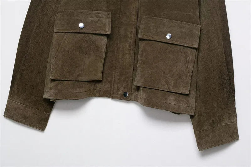 Women's black PU leather-look casual jacket in Japanese Korean style, regular fit.