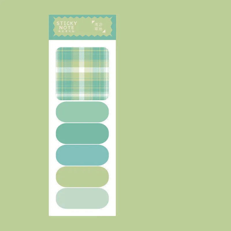 Colourful memo pad with plaid design sticky notes showing six different patterns