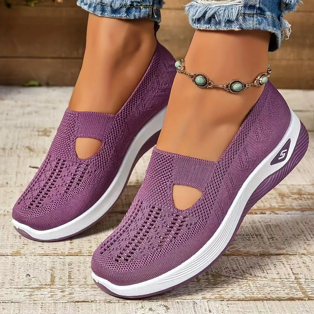 Women's casual mesh flat shoes with a T-bar strap and round toe in multiple colours.