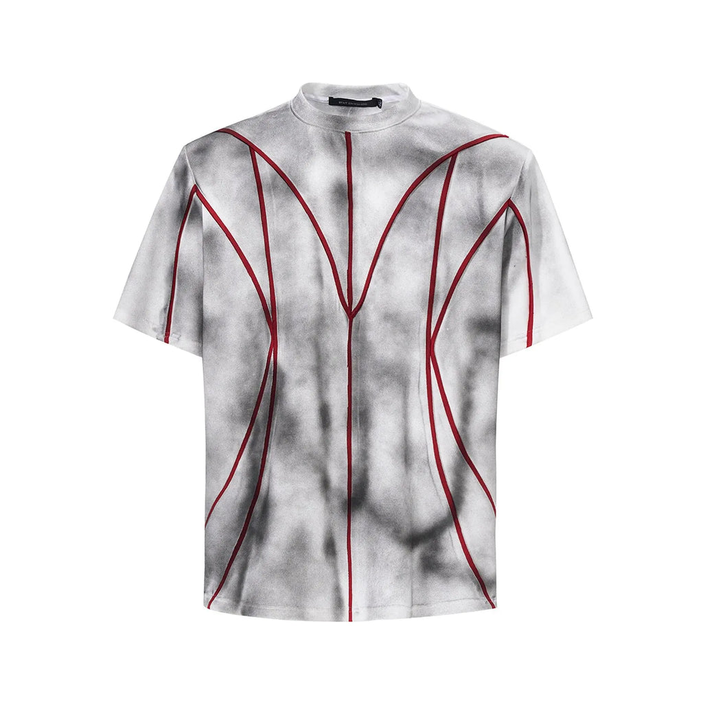 Women's short sleeve t-shirt with padded shoulders and raised line patchwork design on a round neck.