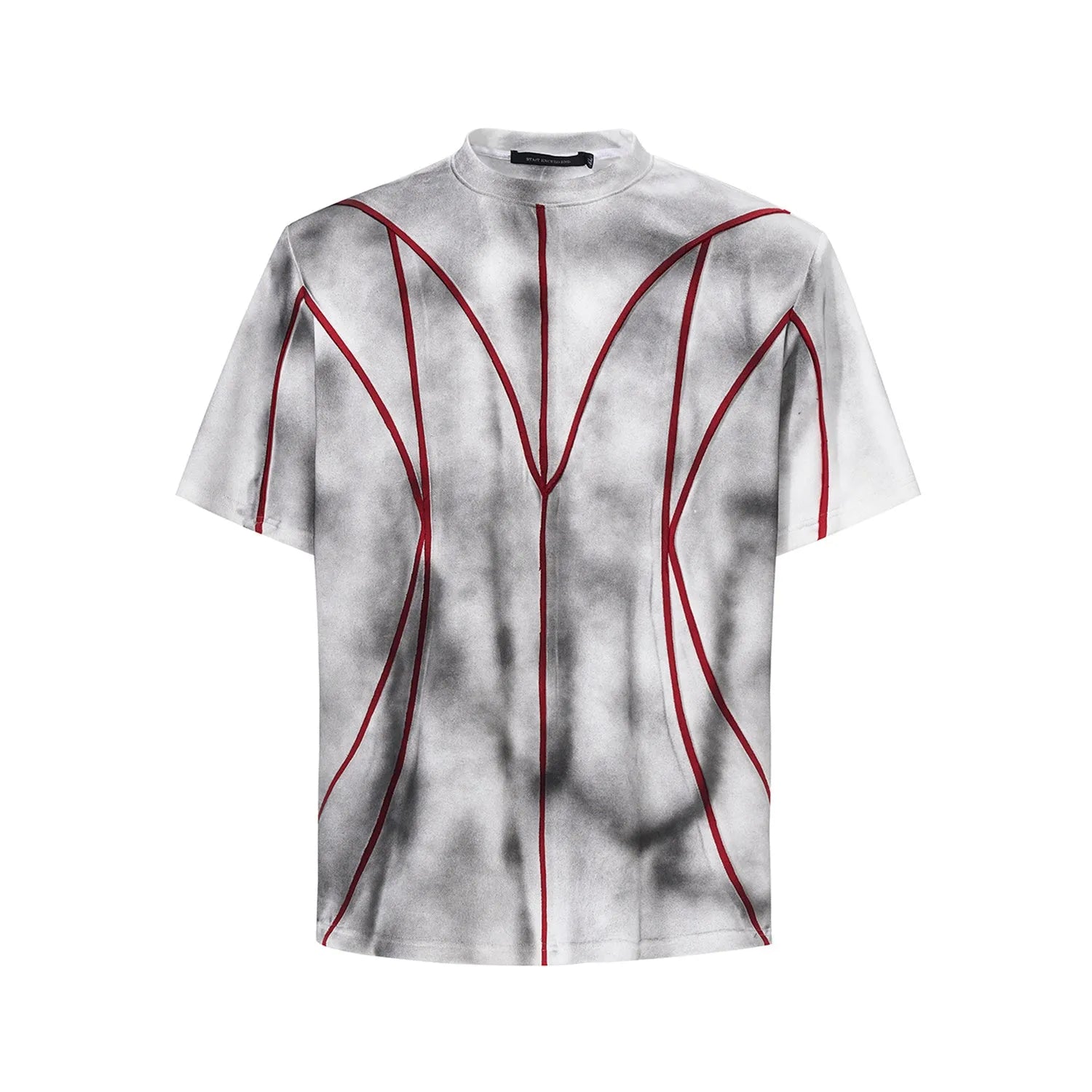 Women's short sleeve t-shirt with padded shoulders and raised line patchwork design on a round neck.