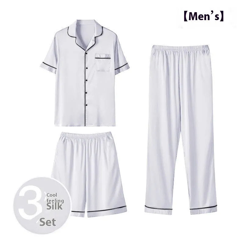 Men's ice silk three-piece pyjama set in black, showing shorts and trousers for lightweight home wear.