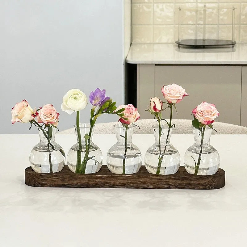 Wooden frame transparent hydroponic vase set with multiple PET glass containers in modern simplicity design