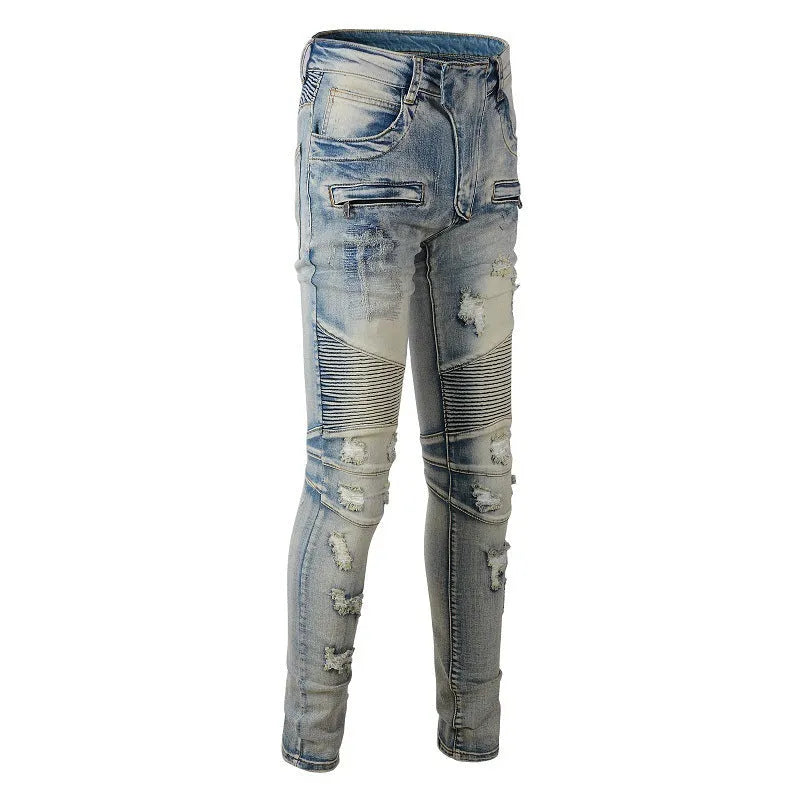 Light blue men's slim stretch jeans with hand-frayed distressed details and a straight leg.