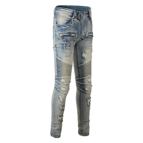 Light blue men's slim stretch jeans with hand-frayed distressed details and a straight leg.