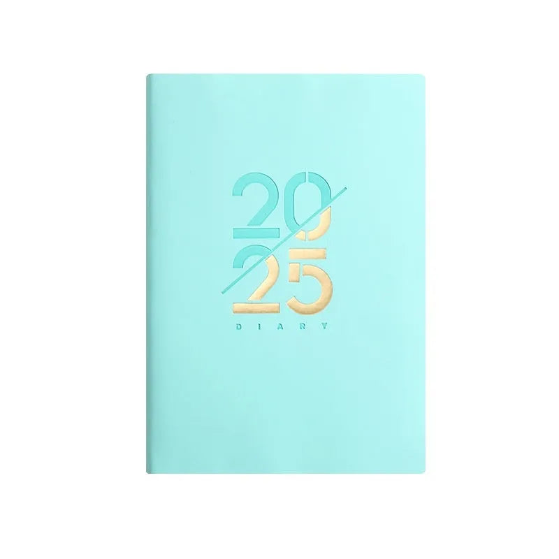 2025 A5 daily planner with faux leather cover showing colour options and open pages
