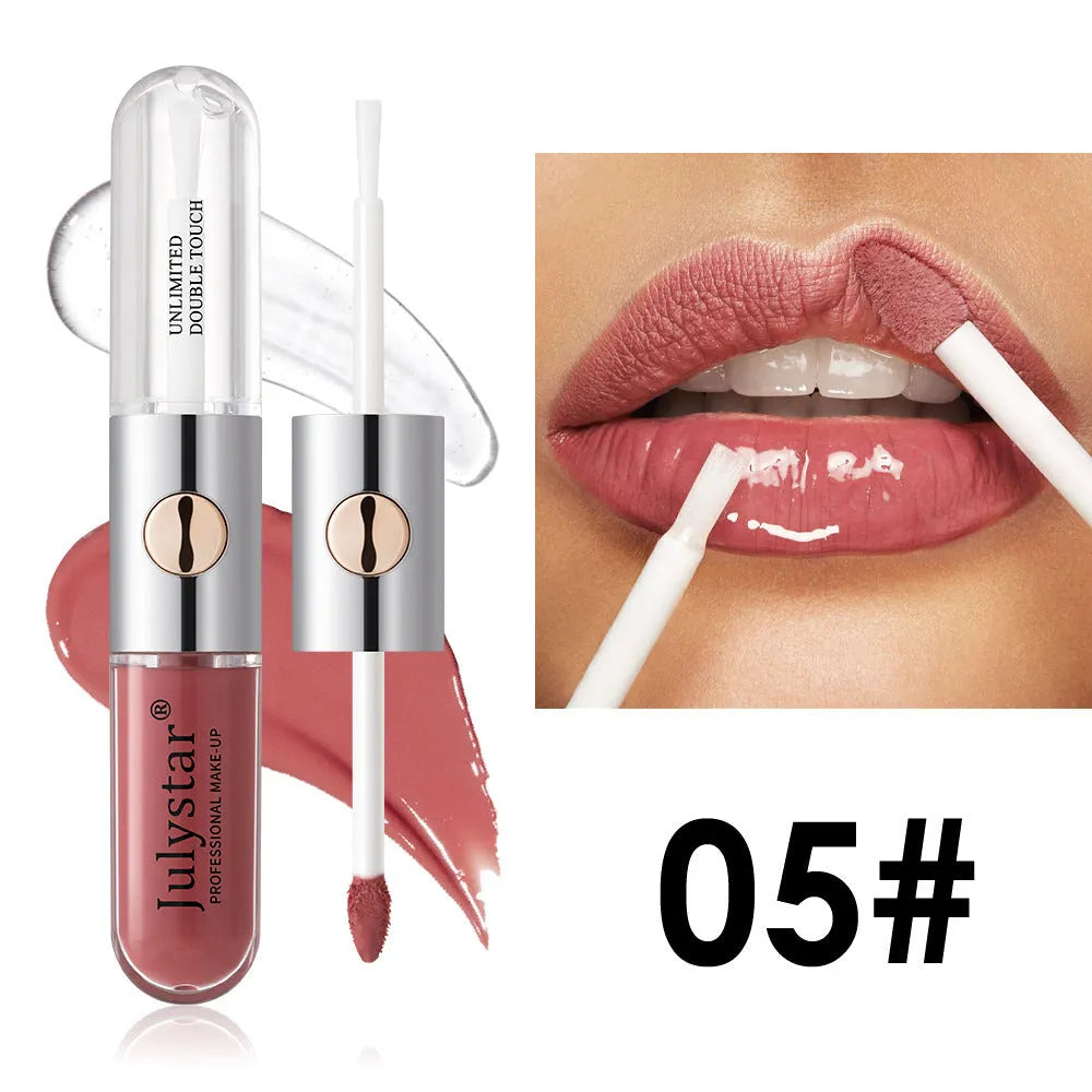 Women's lasting lip gloss tube showing 6ml content, available in nine colour style options for universal skin types