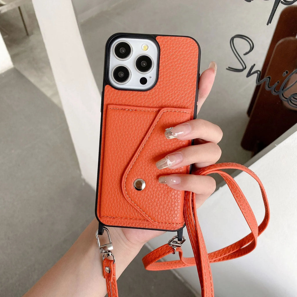 Lychee pattern imitation leather phone case with crossbody strap and triangle card holder for iPhone 14