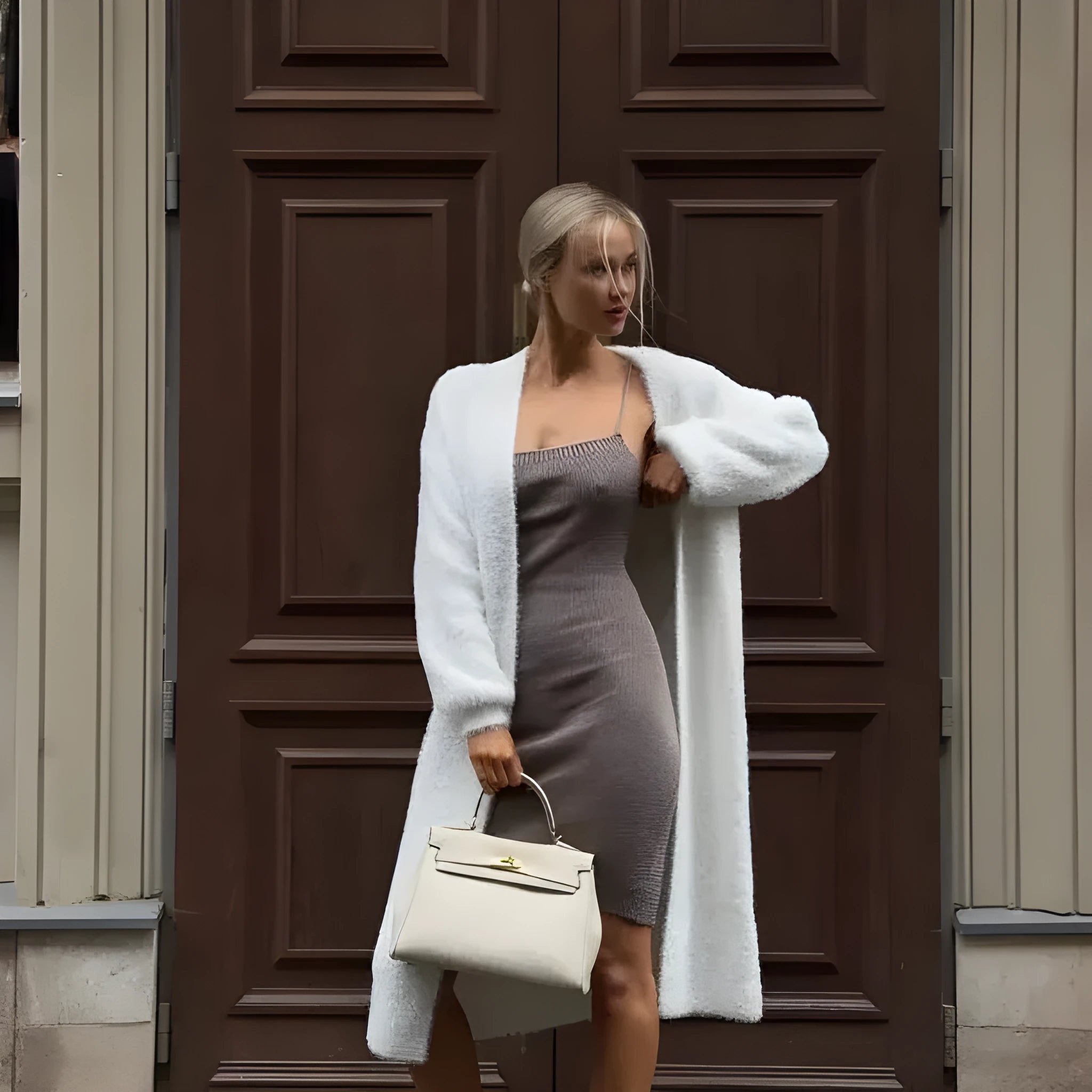 White women's longline cardigan jacket with long sleeves, loose fit.
