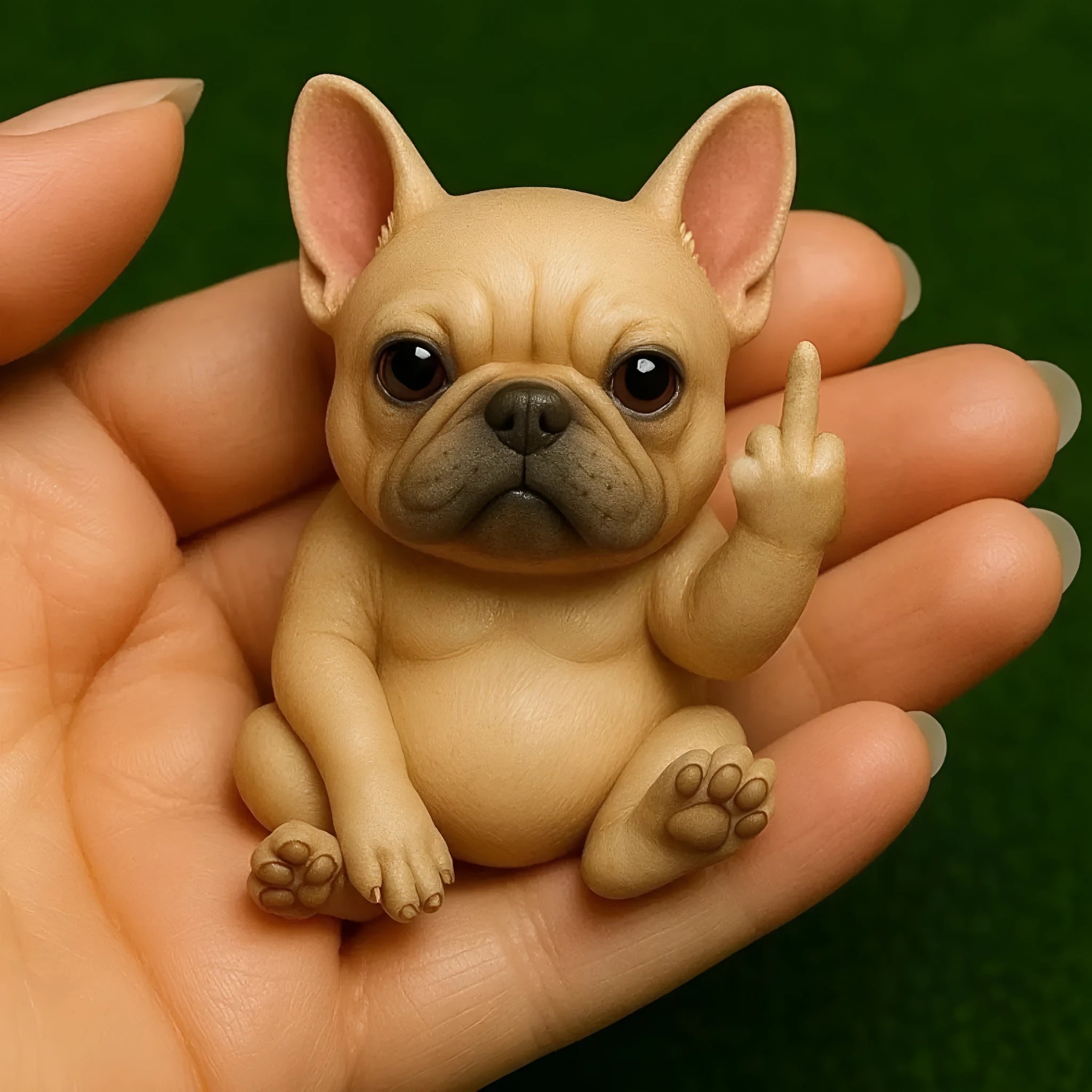 Mini resin animal doll in vertical middle finger pose - available in seven animal designs including cat, dog, elephant, frog, highland cattle, mouse, and turtle